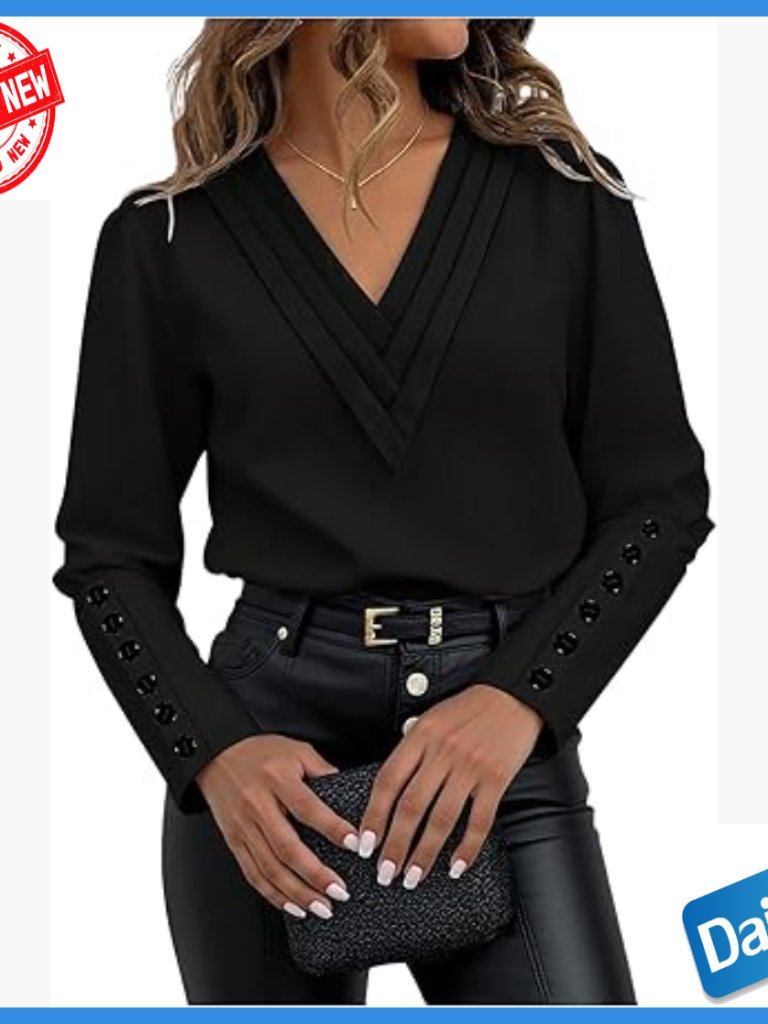 Long Sleeve V-Neck Work Blouse Button Detail Office Professional Dressy